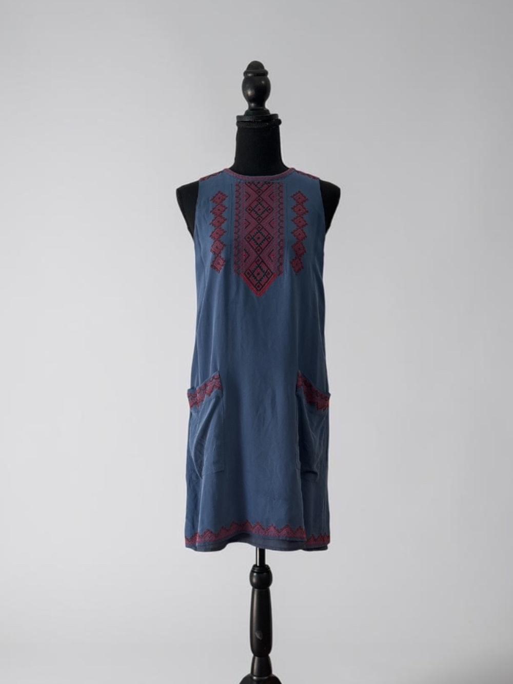 Madewell 100% Silk Embroidered Shift Dress Blue Red